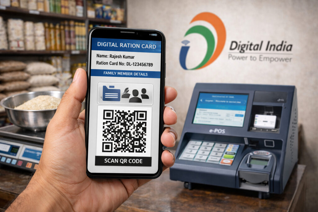 Indian ration shop environment. A person is holding a smartphone in the foreground showing a digital ration card with a QR code.